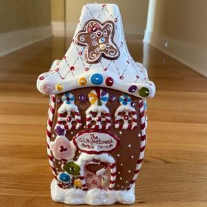 Gingerbread Cookie Cottage Christmas Cookie Jar Blue Sky Ceramics
